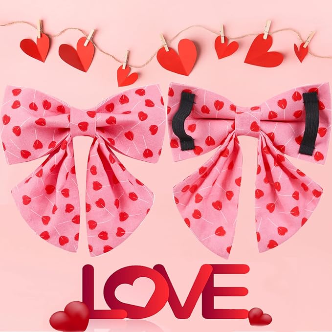 UP URARA PUP Valentine Dog Collar with Bow Tie, XL, Cotton Collar with Durable Metal Buckle, Red Heart, Neck 16-26in