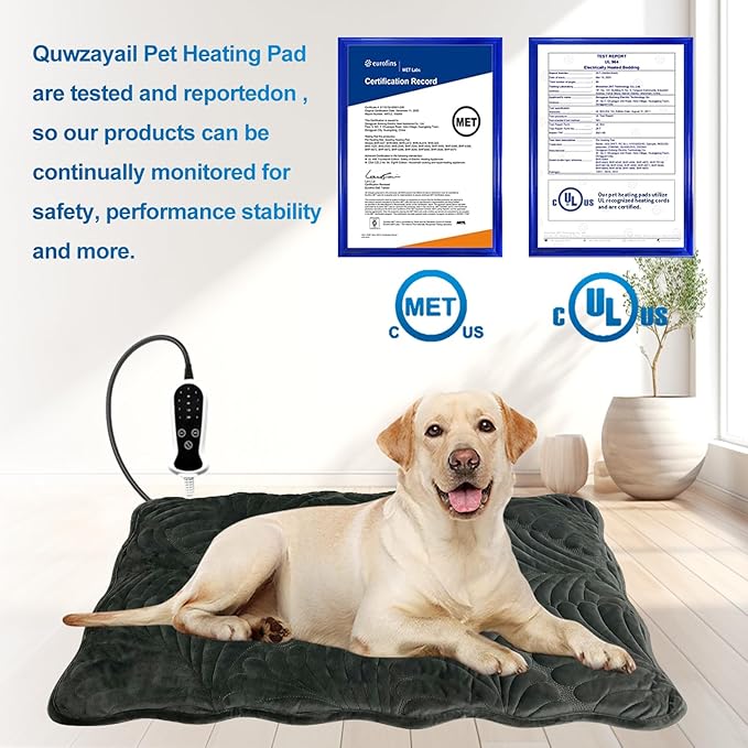 Quwzayail Dog Heating pad, Waterproof Outdoor Heating Pad for Cats Adjustable Thermostat, 9 Gears and time Settings,Chew Resistant Steel Cord (28.0" L x 18.0" W x 0.5" Th, Dark Grey)