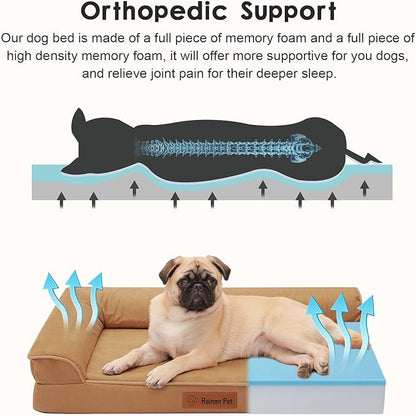 Rainmr Orthopedic Dog Bed Medium Size Dog, Memory Foam Dogs Bed for Medium Dogs, Washable and Removable Microsuede Cover, Waterproof Liner, Non-Skid Bottom, 30x20x6 Inches, Khaki