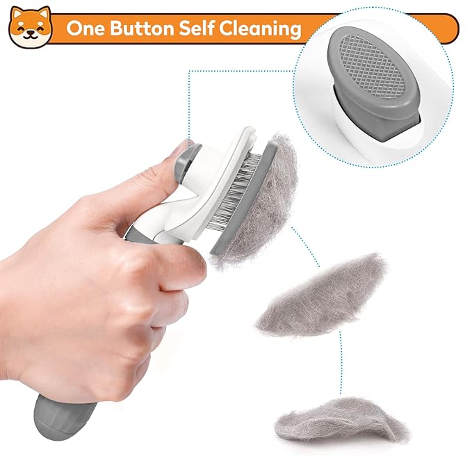 PWOD Dog & Cat Brush, Self Cleaning Slicker Brush for Pets, Upgraded Dog Brush for Shedding Massaging and Grooming, Removes Loose Undercoat & Portable Comb for Long Short Haired Dogs(Gray)