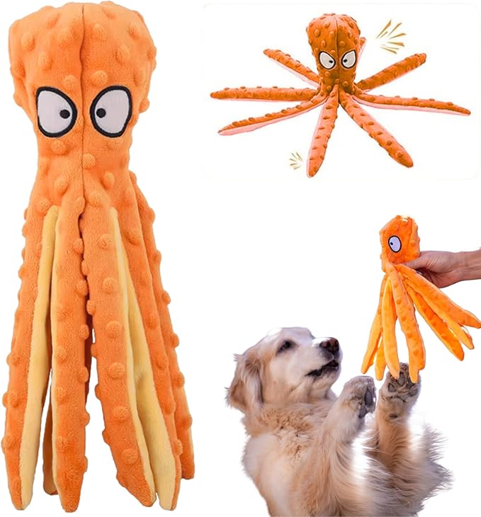 Orange Octopus Dog Toy – Squeaky & Crinkle Plush – No Stuffing Toy for Small Medium Large Dogs Puppies & Seniors – Interactive Safe Soft Toy for Tug Fetch Play – Tail Town