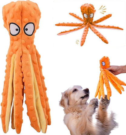 Orange Octopus Dog Toy – Squeaky & Crinkle Plush – No Stuffing Toy for Small Medium Large Dogs Puppies & Seniors – Interactive Safe Soft Toy for Tug Fetch Play – Tail Town