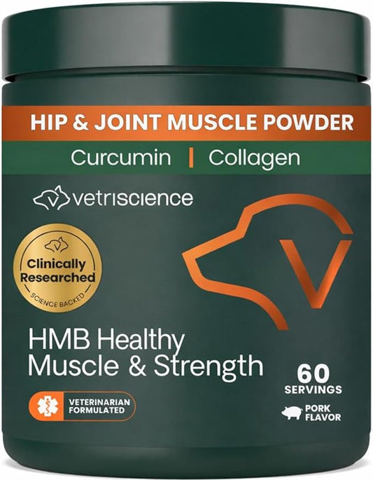 VetriScience HMB Healthy Muscle & Strength Supplement for Dogs, Mobility Support & Muscle Builder with Collagen, Calcium, Vitamin D & Curcumin, Powder, Pork, 8.47 oz - New Look