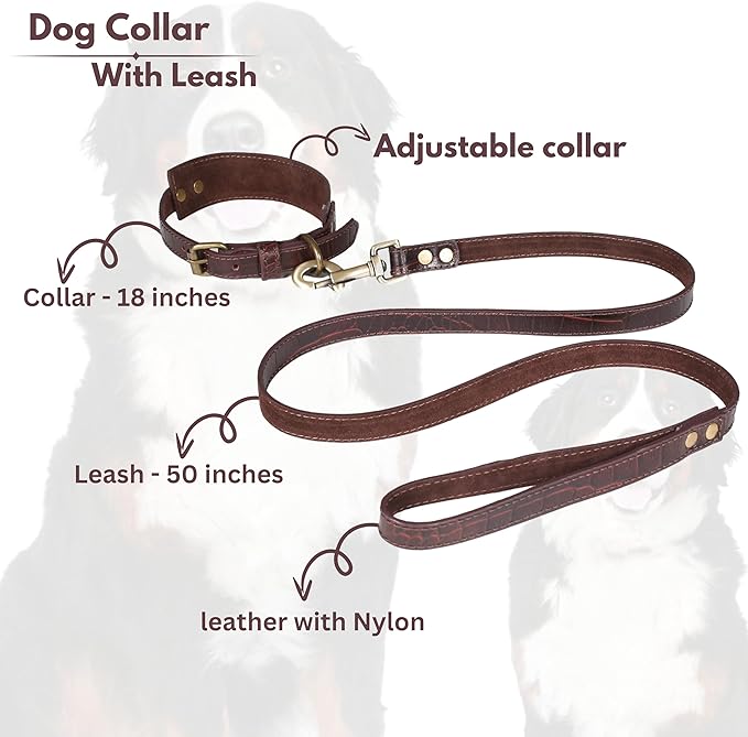 Lightnpro Genuine Leather Dog Collar & Leash Set - Adjustable 18" Premium Leather Collar with Sturdy Metal Buckle & Matching 50" Lead - Durable, Comfortable Walking & Training Gear for Large Breeds