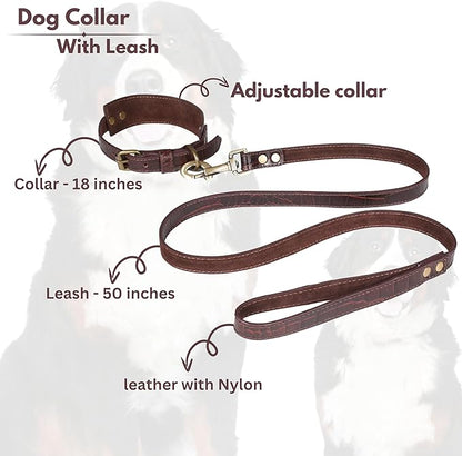 Lightnpro Genuine Leather Dog Collar & Leash Set - Adjustable 18" Premium Leather Collar with Sturdy Metal Buckle & Matching 50" Lead - Durable, Comfortable Walking & Training Gear for Large Breeds