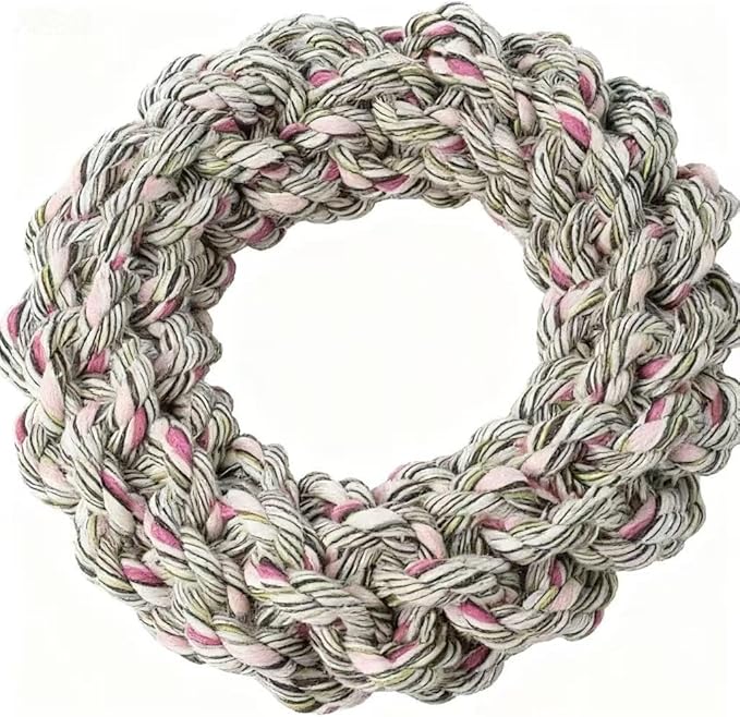 wisingofuix Pet Cotton Ring Dog Toy, Braided Rope Chew Ring for Medium and Large Dogs, 20x20x5cm, Durable Training Toy (PinkishWhite)