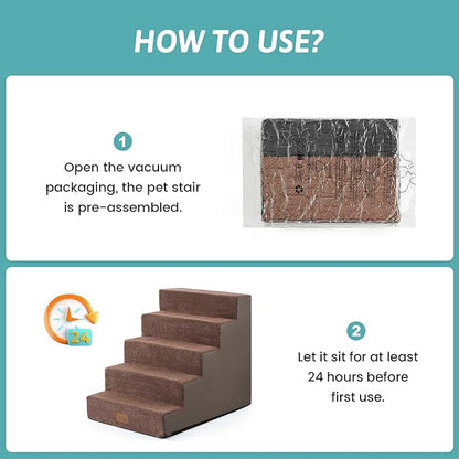 COZY KISS Dog Stairs for Small Dogs 5-Step, 19.7" Extra Wide Right-Angle Pet Stairs for Couch and Beds, Anti-Slip Dog Steps for Old Cats and Lowrider, 19.7x29.5x23.6 inch, Brown
