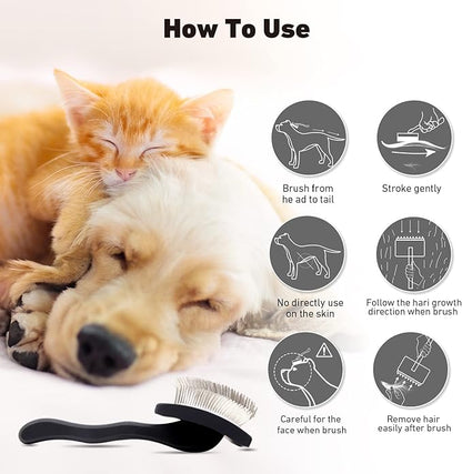 Dog Slicker Brush & Stainless Steel Comb Set for Shedding & Grooming Medium & Large Long or Thick Coated Dogs, Doodles & Cats, 1 Inch Pin Slicker Brush with Ergonomic Wooden Handle, Black