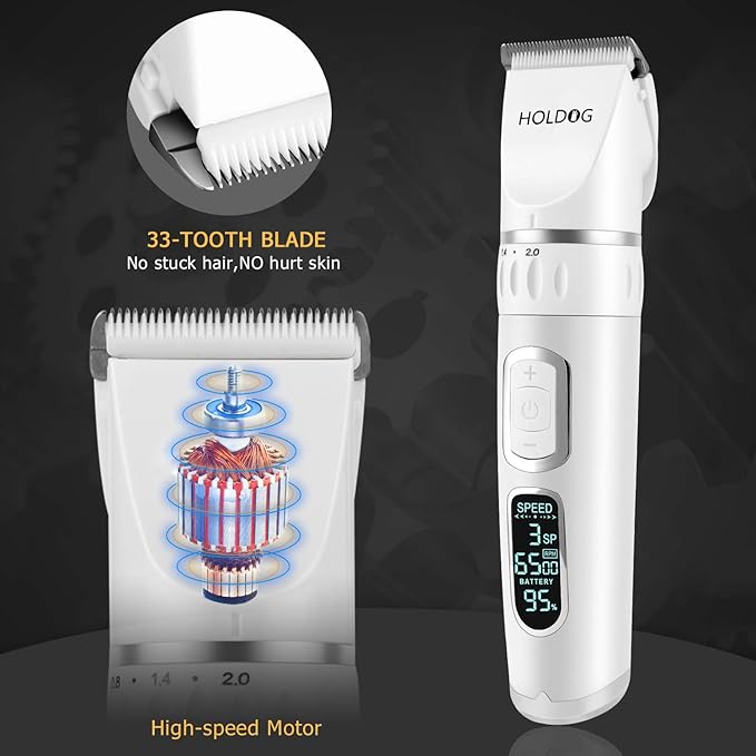 Dog Clippers Professional Heavy Duty Dog Grooming Clipper 3-Speed Low Noise High Power Rechargeable Cordless Pet Grooming Tools for Small & Large Dogs Cats Pets with Thick & Heavy Coats
