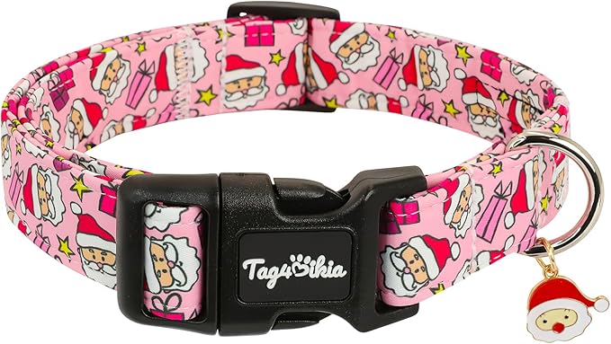 Christmas Dog Collar Small Dog Collars, Adjustable Pink Dog Collars with Santa & Gifts Pattern, Cute Dog Christmas Collar for Dogs, Winter Holiday Dog Collar for Girl Boy Dogs-S