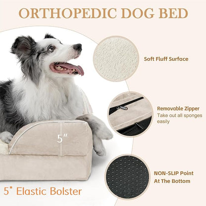 Comfort Expression Orthopedic Dog Bed for Extra Large Dogs 45x35 Inch, Waterproof Supportive Egg Crate Foam XL Pet Bed with Removable Bolsters, Dog Couch with Washable Cover & Non-Slip Bottom, Beige