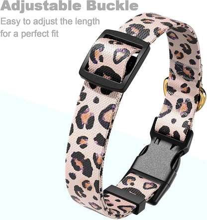 Rnivvi Dog Collar for Small Dogs, Cute Leopard Heavy Duty Adjustable Puppy Collar with Quick Release Buckle for Boy Girl & Female, Pet Accessories for Walking Running, S Length 3/4" Width, Pink