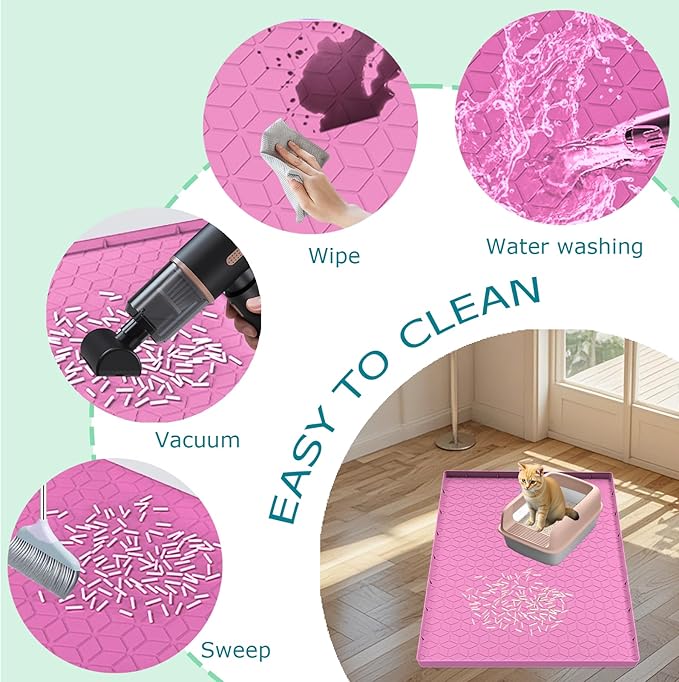 Jacooxi Cat Litter Mat, Silicone Large Cat Mat for Litter Box - 34x22 in, Waterproof & Non-Slip, Durable & Easy Clean, Pink