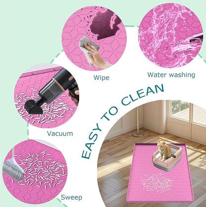 Jacooxi Cat Litter Mat, Silicone Large Cat Mat for Litter Box - 34x22 in, Waterproof & Non-Slip, Durable & Easy Clean, Pink