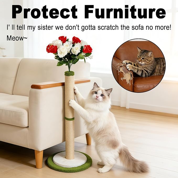 CWV Rose Flower Cat Scratching Post, Tall Cat Scratcher for Indoor Cats | Aesthetic Floral Decorative Scratching Post for Adult Cats & Kittens, S