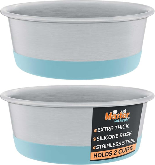 Master Pet Supply Stainless Steel Dog Bowls Set of 2 with Extra Thick Silicone Base - 2 Cup (16 oz) Aqua Sky, Non-Slip, Dishwasher Safe Metal Bowls, Pet Dog Food Bowl for Dogs, Cats, Anti Rust