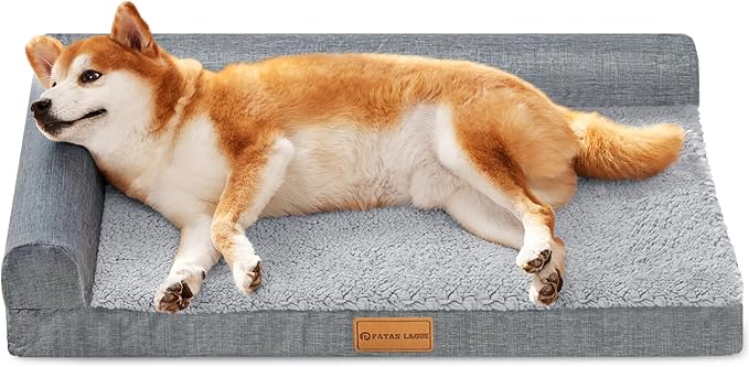 Patas Lague Orthopedic Dog Bed Large Sized Dog 36''X24'', Waterproof L Bolster Medium Pet Sofa Beds with Removable Washable Cover, Soft Comfortable Pet Couch Crate Mat with Nonskid Bottom, Grey