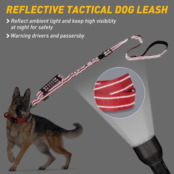 AUBELL Tactical Dog Leash Heavy Duty,4-6ft Reflective Strong No Pull Bungee Leash for Medium Large Dogs with Comfortable Padded Double Handle,Car Seat Belt,360 Degree Rotating Carabiner,Red