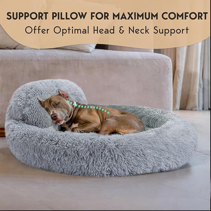 PetJett Calming Dog Beds Large Sized Dog - 36'' Round Bed, Anti-Slip & Washable Super Soft Donut Bed, Fluffy Faux Fur Anti-Anxiety Premium Comfort Pet Bed, Fits Dogs up to 80 lbs - Bright Grey