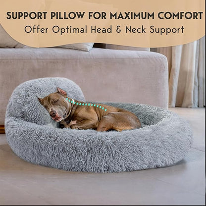 PetJett Calming Dog Beds Large Sized Dog - 36'' Round Bed, Anti-Slip & Washable Super Soft Donut Bed, Fluffy Faux Fur Anti-Anxiety Premium Comfort Pet Bed, Fits Dogs up to 80 lbs - Bright Grey