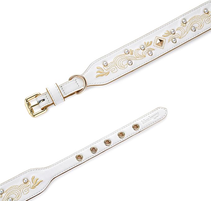 Blueberry Pet Western Genuine Leather Dog Collar for Small Breeds, Pearl White - Floral Embroidery, Pearl Studs, Adjustable 12-15 Inch Neck, Dog Collars for Small Dogs