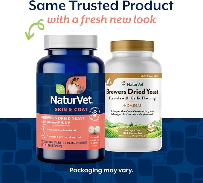 NaturVet – Brewer’s Dried Yeast Formula with Garlic Flavoring – Plus Omegas | Rich in Omega-3, 6 & 9 Fatty Acids | Fortified with B1, B2, Niacin & Vitamin C | for Dogs & Cats | 1000 Chewable Tablets