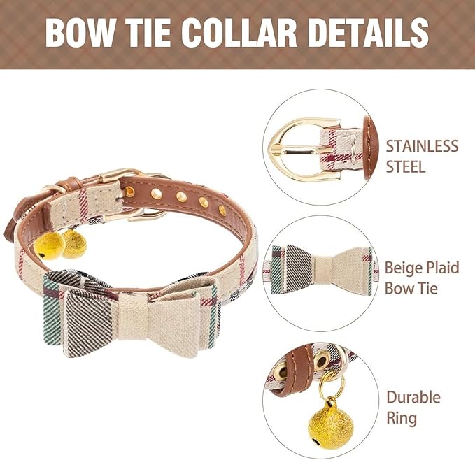 KOOLTAIL Small Dog Collar and Leash Set with Bowtie and Bells - Cute Puppy Bandana Collar and Leash with Classic Plaid Pattern, Soft Leather Tangle Free Leashes for Small Boys Girls Dogs,Cats,Beige XS