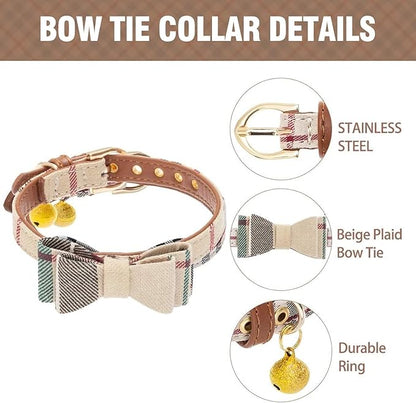 KOOLTAIL Small Dog Collar and Leash Set with Bowtie and Bells - Cute Puppy Bandana Collar and Leash with Classic Plaid Pattern, Soft Leather Tangle Free Leashes for Small Boys Girls Dogs,Cats,Beige XS