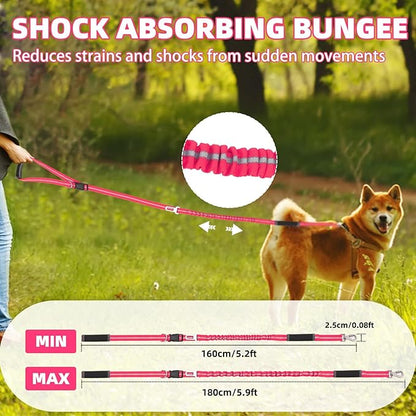 PUPTECK Heavy Duty Bungee Leash for Medium Large Dogs, No Pull Tactical Dog Leash with Double Handles for Training, Reflective with Car Seatbelt and Quick Release Buckle, Pink