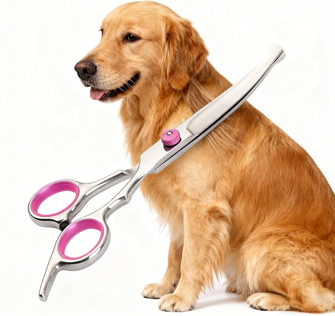 Curved Scissors for Dog Grooming, Fcysy Stainless Steel Pet Grooming Shears with Safety Round Tip, Curved Dog Grooming Scissors for Dogs & Cats Face, Legs, Ears – Pink