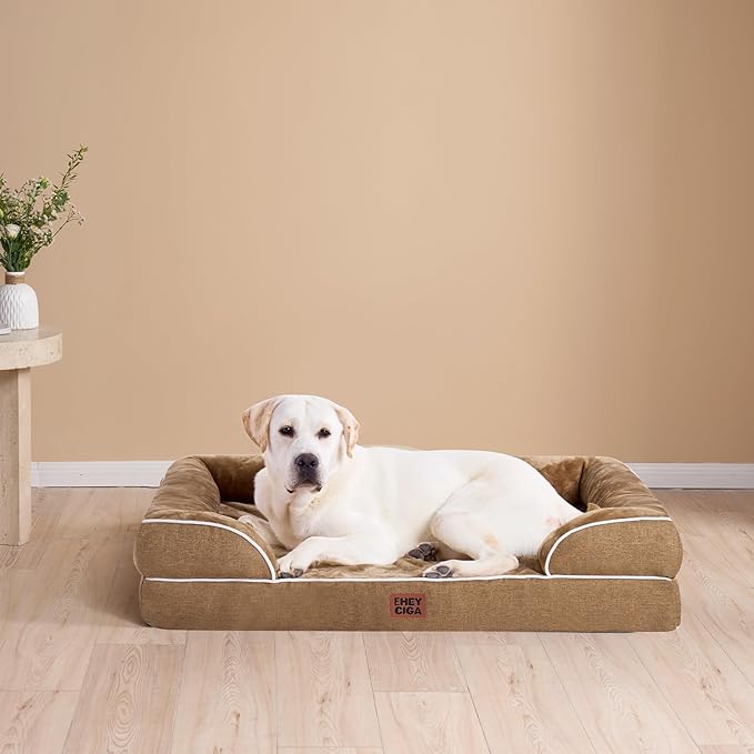 EHEYCIGA Orthopedic XL Dog Beds, Waterproof Memory Foam Dog Bed for Extra Large Dogs, Non-Slip Bottom and Egg-Crate Foam Big Pet Couch Bed with Washable Removable Cover, Camel