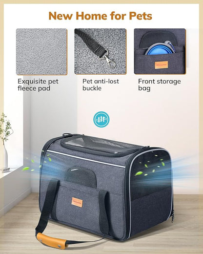 Morpilot Cat Carrier - Cat Carrier Soft for Medium or Large Cats up to 20lbs, with Dual-Sided Cushion, Secure Buckle and Foldable Bowl, Dog Carriers for Small Dogs - Pet Carrier (Dark Gray)
