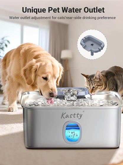 Kastty 4 Gal Dog Water Fountain for Large Dogs,15L Stainless Steel Dog Water Bowl Dispenser Triple Filtration,Ultra Quiet Automatic Pet Water Fountain with Water Level Window and LED Light(FS76)