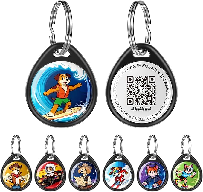 QR Code Dog Tag and Cat Tag, Scan to Reunite Faster, Waterproof and Durable, Lightweight and Quiet, Updatable Contact Info, with Surfer Pet Character Design