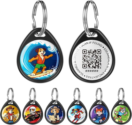 QR Code Dog Tag and Cat Tag, Scan to Reunite Faster, Waterproof and Durable, Lightweight and Quiet, Updatable Contact Info, with Surfer Pet Character Design