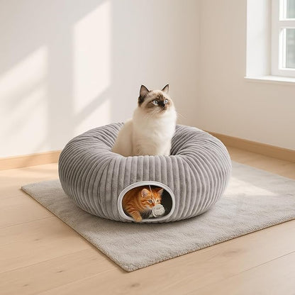 MOYMO Cat Tunnel Bed for Indoor Cats, Peekaboo Cat Cave Bed,Soft Cat Donut Tunnel for Kitten Large Cats, Cat Tunnel Christmas Tree Skirt, Grey