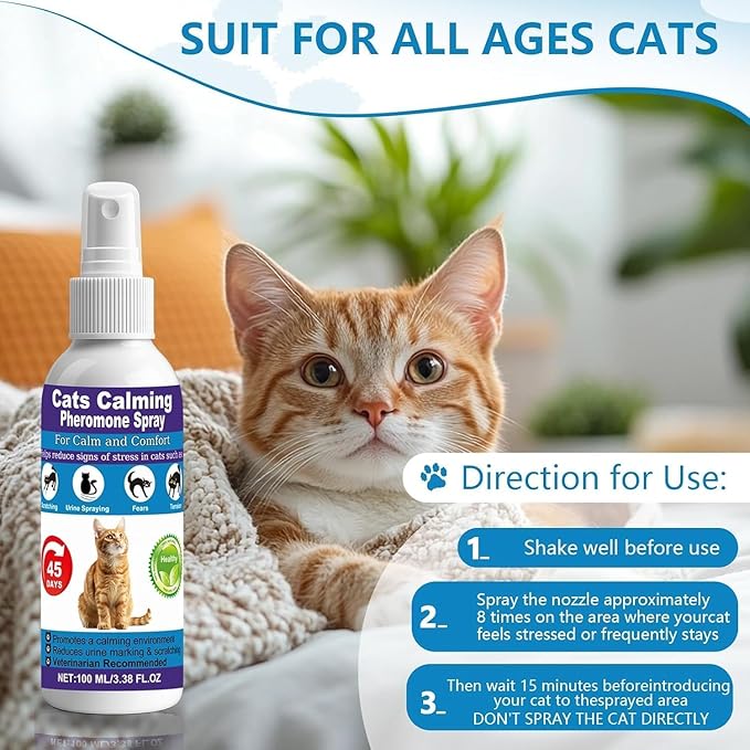 【𝐇𝐢𝐠𝐡𝐥𝐲 𝐄𝐟𝐟𝐞𝐜𝐭𝐢𝐯𝐞】Cat Calming Spray, 15% F3 Cat Pheromone Spray to Help Calm During Travel and Stress and Reduce Urine Spraying, Scratching, Excessive Grooming & Aggression 2*100mL