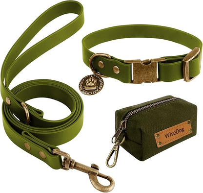 Wisedog Dog Collar and Leash Set, Waterproof Adjustable Puppy Collars with Cute Tag 4FT Dog Leash with Poop Bag for Small Medium Large Dogs (XS, Green)