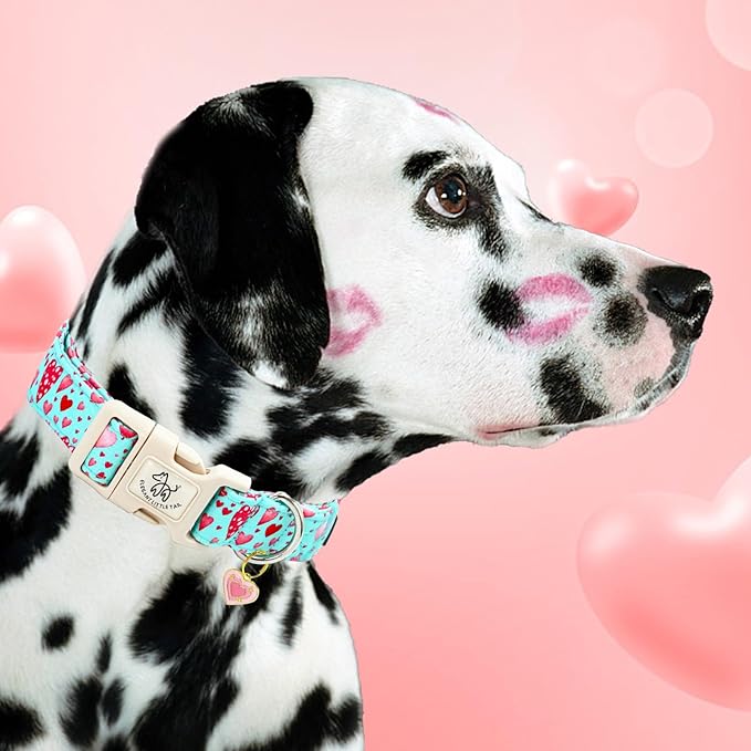 Elegant little tail Dog Collar, Pink Heart Dog Collar for Medium Dogs, Female or Male Adjustable Cotton Pet Collar with Quick Release Buckle for Small Medium Large Dogs