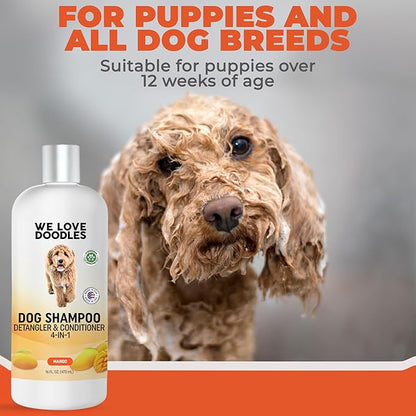 Dog Shampoo, Conditioner & Detangler - Best Shampoo for Goldendoodles, Poodles & Doodles Pet Hair - Hypoallergenic, Tearless, Sensitive Skin for Puppies & All Dog Breeds - Made in USA, 16OZ (Mango)