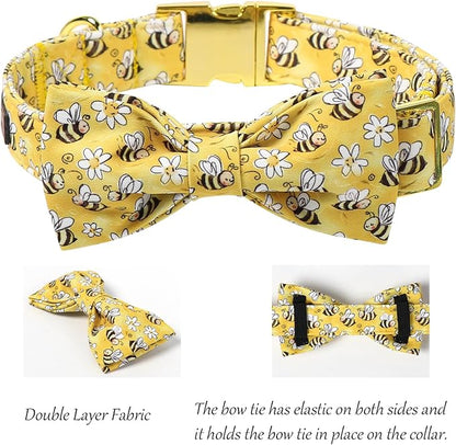 Lionet Paws Spring Dog Collar with Bow tie,Cute Summer Bees Yellow Dog Collar Bow Tie for Dogs Female, Small, Neck 10-16 inches