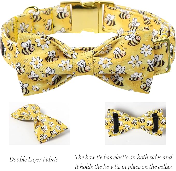Lionet Paws Spring Dog Collar with Bow tie,Cute Summer Bees Yellow Dog Collar Bow Tie for X-Large Dogs Female, Neck 16-26 inches