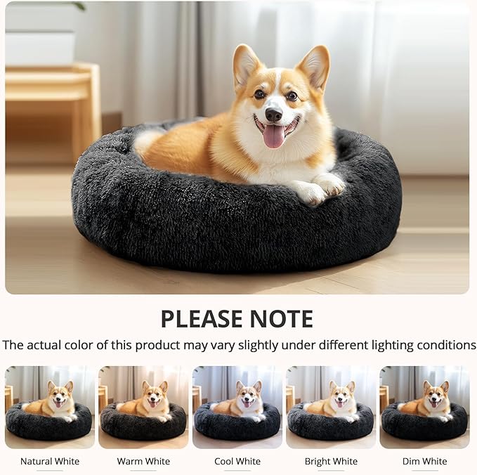 JOLLYVOGUE Calming Dog Bed Medium Size Dog, Anti-Anxiety Donut Medium Pet Bed, 31 inches Fluffy Faux Fur Round Cat Bed, Fits up to 45 lbs Pets (Black)