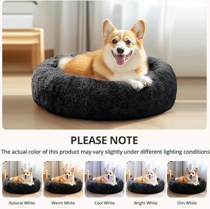 JOLLYVOGUE Calming Dog Bed Medium Size Dog, Anti-Anxiety Donut Medium Pet Bed, 31 inches Fluffy Faux Fur Round Cat Bed, Fits up to 45 lbs Pets (Black)
