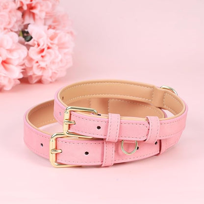 Leather Dog Collar for Small Medium Large Dogs, Soft Padded Dog Leather Collar with Heavy Duty Gold Buckle, Durable & Comfortable for Puppy Dogs Daily Walking (Pink, XS)