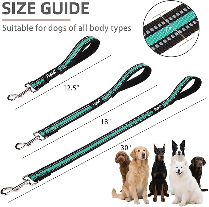 PUPTECK Reflective Short Dog Leashes - 3 Packs 2.5ft/ 1.5ft/ 1ft Nylon Leash with Strong Clip, Soft Padded Handle, Durable Training Leash for Large Small Medium Dogs Walking Outside, Green