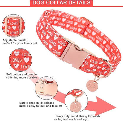UP URARA PUP Valentine's Dog Collar,Red Heart Dog Collar for Small Medium Large Girl Boy Dogs or Cats, Wedding Dog Collar Match Dog Leash, Pet Collar with Metal Buckle, L