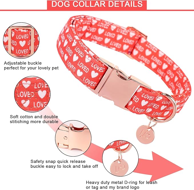 UP URARA PUP Valentine's Dog Collar, Red Heart Dog Collar for Small to Large Dogs, Wedding Collar Match Dog Leash, Cotton Pet Collar with Metal Buckle, M