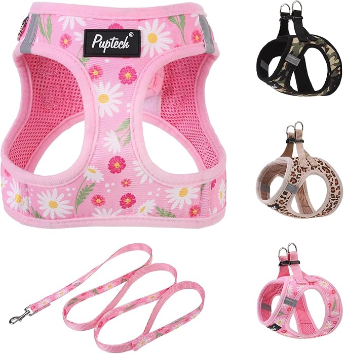 PUPTECK Dog Harness and Leash Set for Small Medium Dogs No Pull Step-in Soft Mesh Puppy Cat Vest Harnesses Reflective at Night, Pink Floral, M
