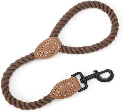 Mile High Life Short Dog Leash, Braided Cotton Rope Leashes with Leather Tip - Heavy Duty Metal Clasp, 18IN, 1/2" Thick - Wedding, Walking & Training Leash for Medium Large Dogs